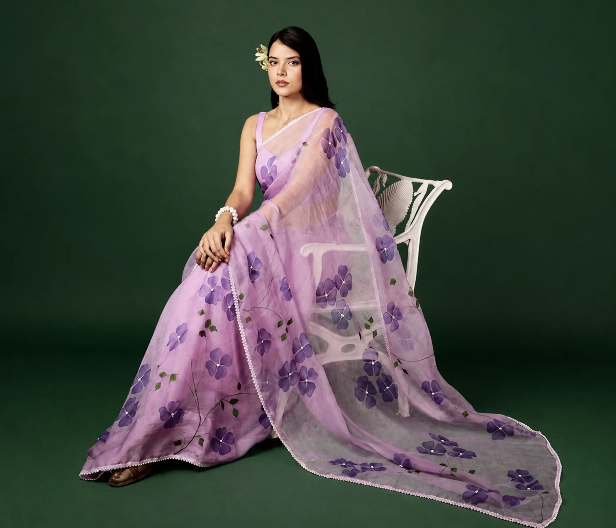 Lavender Petals Pure Organza Saree with Sleeveless Blouse